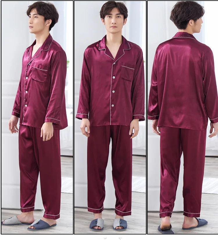 Middle Aged Men's Spring Autumn Pajamas Suits Two Piece Fake Silk Pajama Thin Night Wearing Clothes For Men 2018 New JW330 (11)