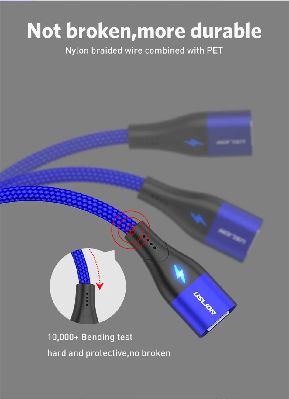 USLION 1M 3A Магнитный кабель для быстрой зарядки Micro usb type C для huawei P30 samsung Xiaomi кабель провод type-C Магнитный кабель для зарядного устройства