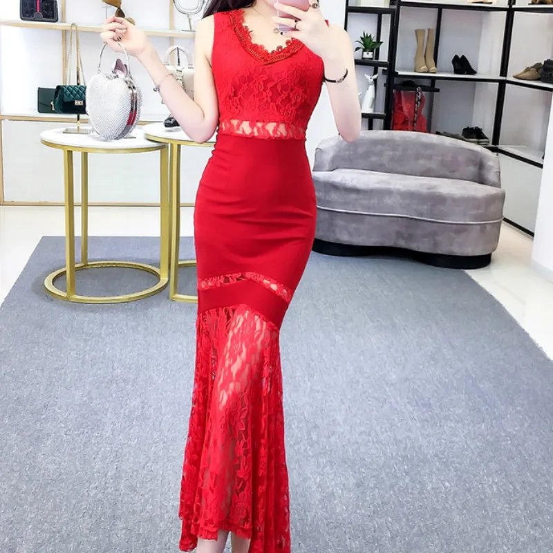 

2019 summer Korean casual vintage Lace hollow maxi dress women waist slimming long office black Sexy Mesh dress V-neck dresses