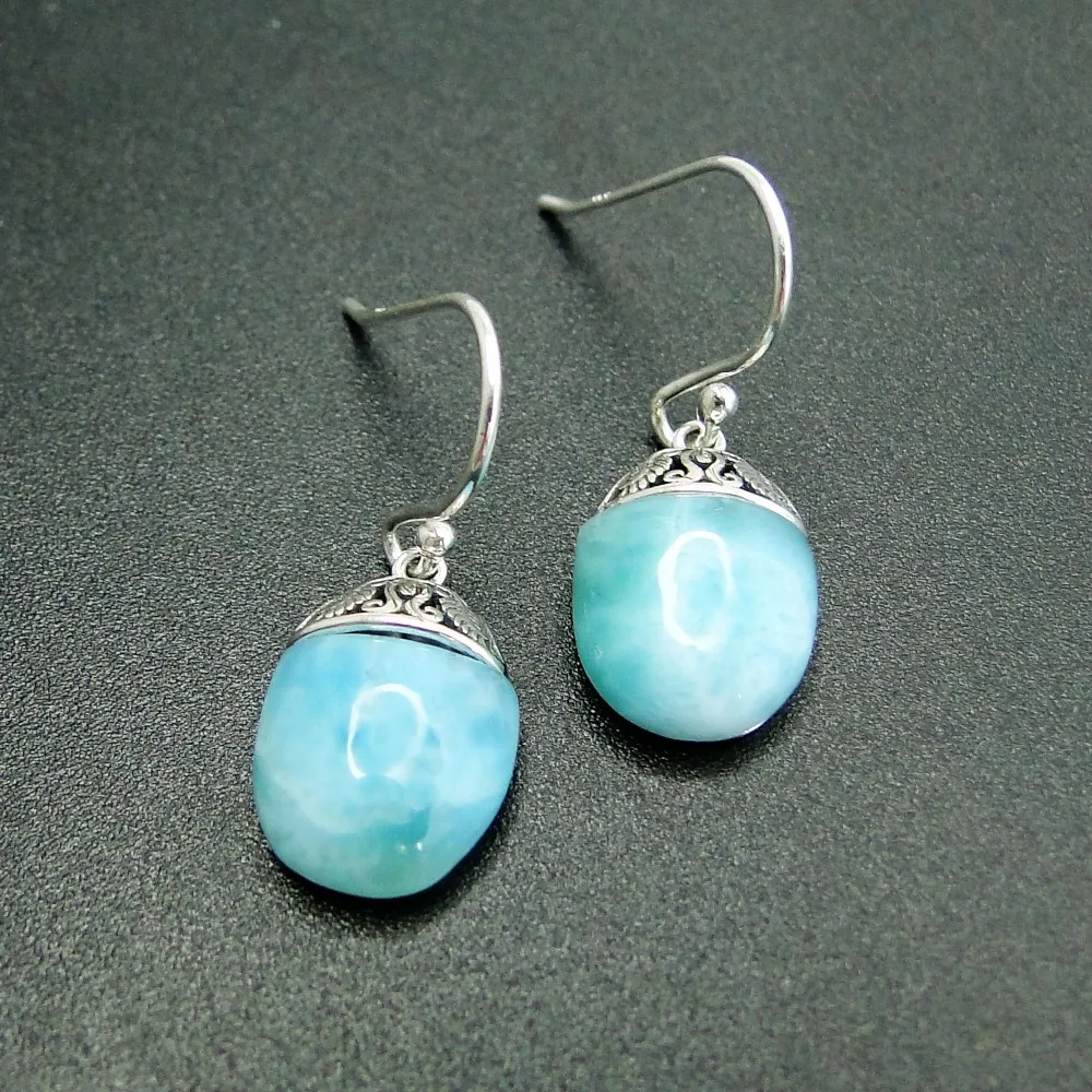 Antique Bohemian Style 925 Sterling Silver Jewelry Dangle Earrings with Natural Larimar Gemstone Drop Dangle Earrings for Woman - Image 6
