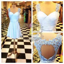 Echt Bild Liebsten Tank Ärmel Perlen Spitze Appliques Zurück Schlüsselloch Zurück Kurzes Partei-kleid A-linie Chiffon Cocktailkleid