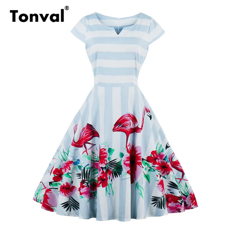 

Tonval Women Flamingo Floral Print Vintage Dress Casual Cap Sleeve Summer Dresses Plus Size Rockabilly Retro Dress