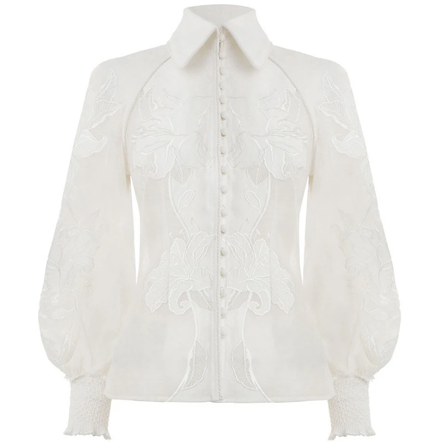 Весенние однотонные белые женские рубашки, модная Элегантная блузка с отложным воротником, топ для отпуска, изысканная кружевная блузка с вышивкой, Топ