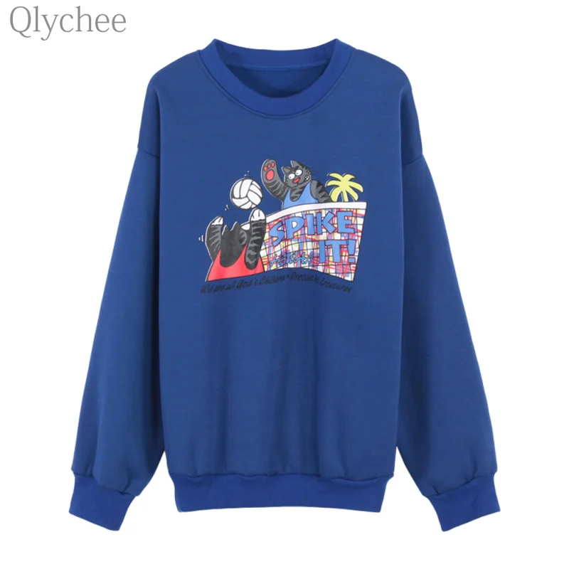 Qlychee милые Для женщин осень кот письмо печати толстовка из флиса с длинными рукавами Повседневный пуловер уличная негабаритных спортивный