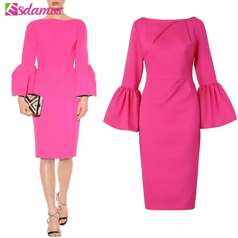 Good Quality Elegant Slim Pencil Dress Women Flare Sleeve Back Zipper Up Bodycon Dress Midi Party Dresses Solid Color Femme Robe