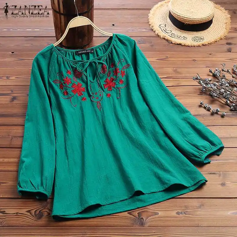 

S 5XL ZANZEA Straps Chic Shirts 2019 Women V Neck Long Sleeve Blouse Autumn Vintage Embroidery Work Tunic Tops Famele Blusas