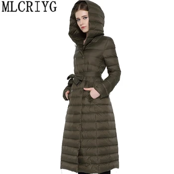 

MLCRIYG New Fashion Winter Ultra Light Jacket 90% Duck Down Hooded Double Breasted Overcoat Long Warm Parkas Plus Size 3XL LX288