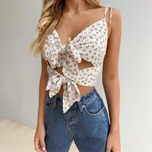 Kimuise hollow out sexy v neck women crop tops floral print boho tops shirts femme front bow tie t-shirts 2019 summer harajuku blue cut out deep v neck tie front radom floral print romper