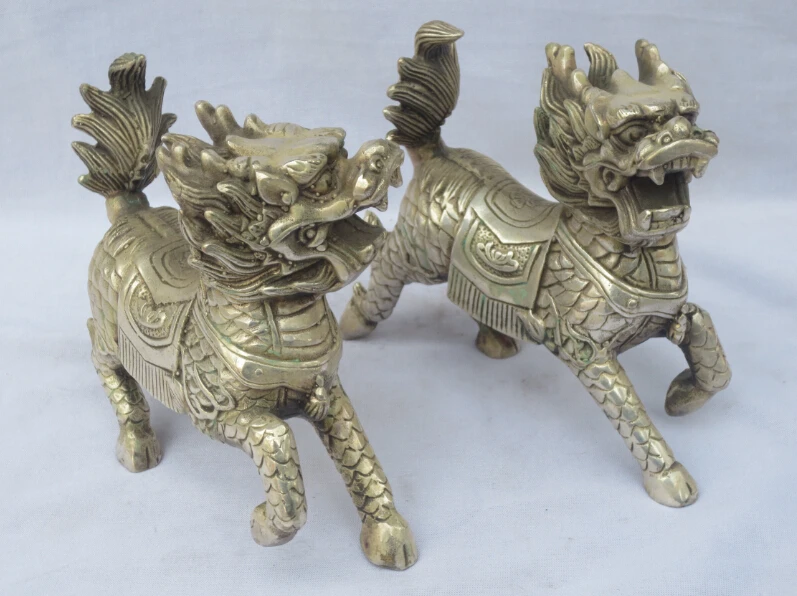 

Collectible Decorated Old Handwork A Pair of Tibet Silver Carved Kirin statue/ 5 inch Feng Shui Kylin Sculpturefast Shipping