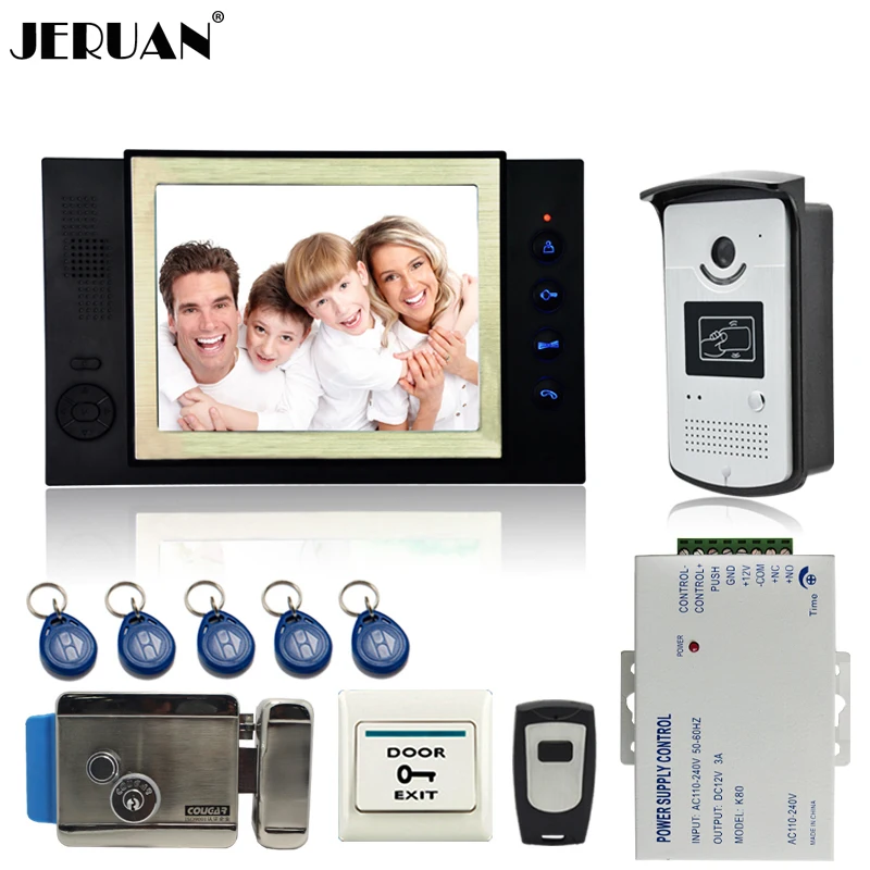 JERUAN 8`` video door phone doorbell intercom system home access control system RFID video recoreding + power supply