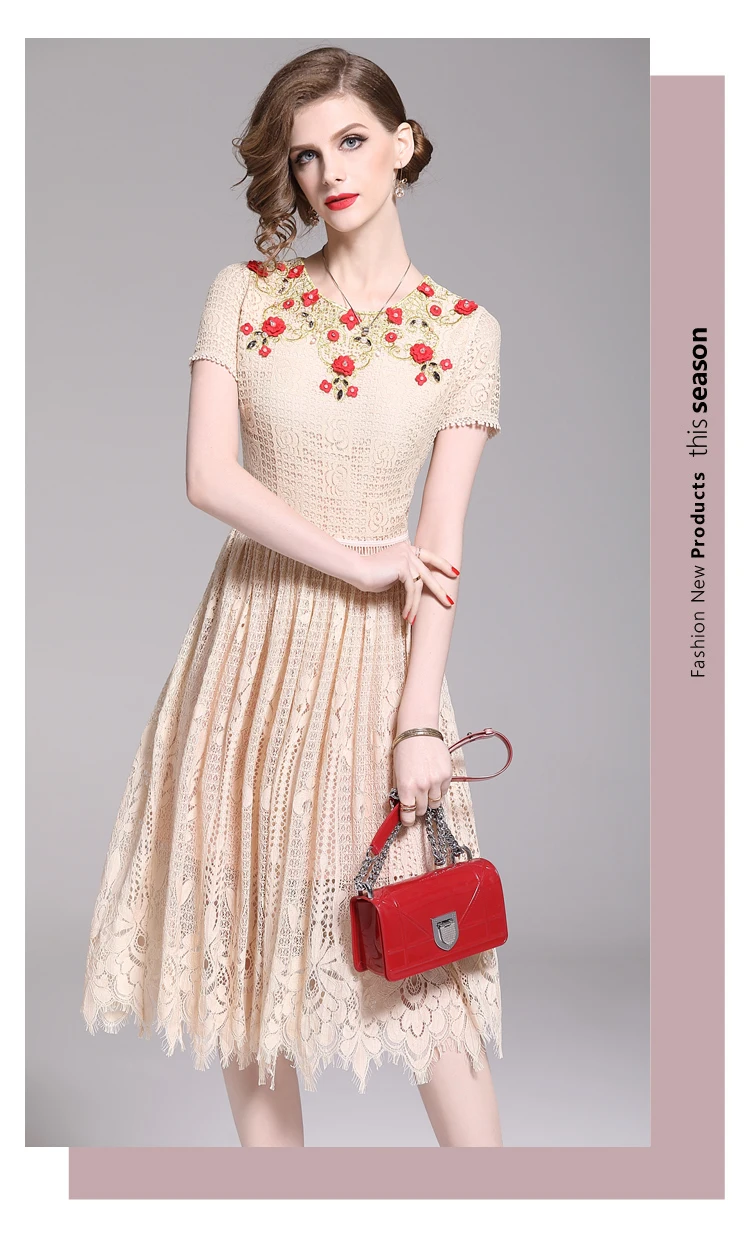Waliicorners Luxury Short Sleeve Lace Summer Dress Women Beading Floral Hollow Out Party Dress Vintage Embroidery Elegant Dress 6 1554313114260_320468