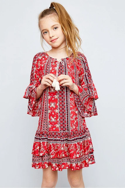 2017 Junior Print Floral Dresses Teenager Fashion Ruffle Dress Big Babies Cotton Casual Dress 