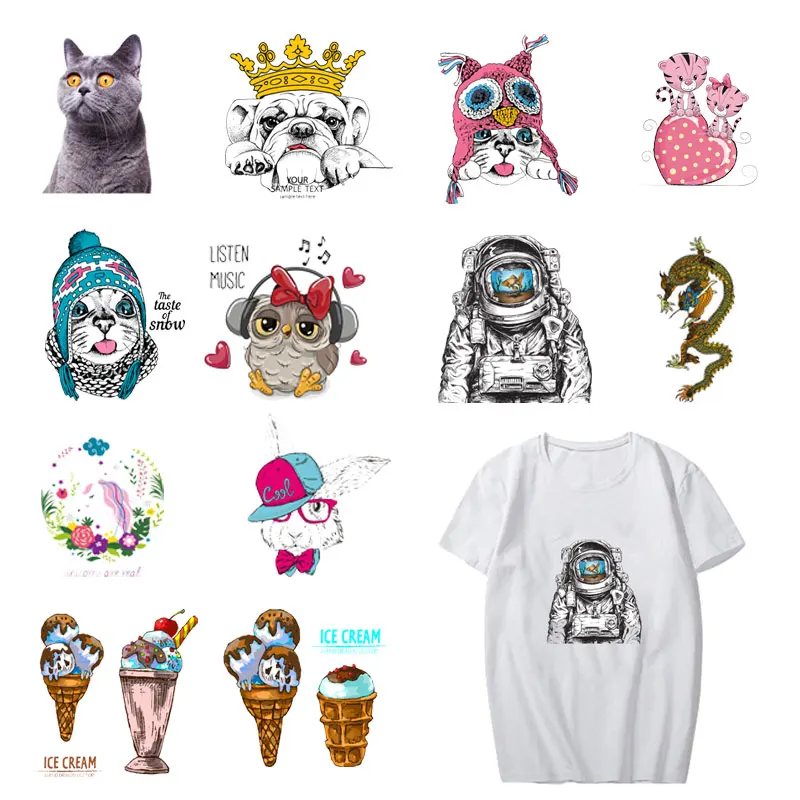 Cats Ice Cream Iron-On Transfers Heat Transfer Ironing Stickers T-shirt Thermal Patches Washable decal DIY Accessory Appliques