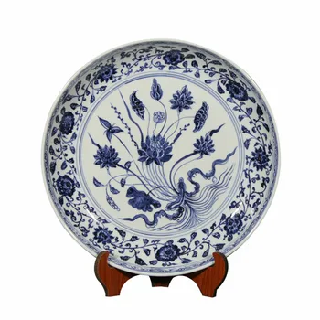 16 inch Lagre Antique Classic Hand Painted Blue and White Decoration Round Ceramic Plate 1