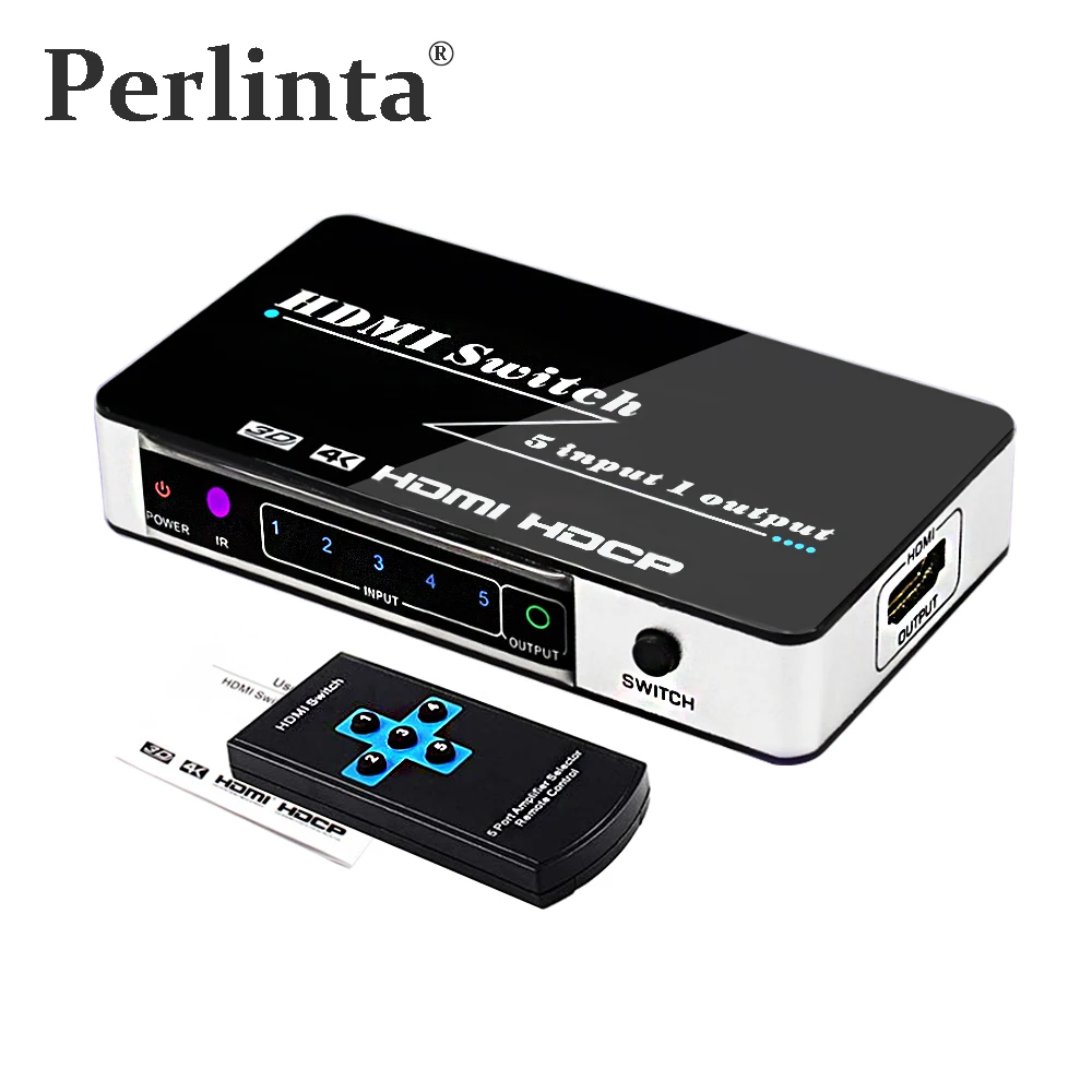 Perlinta HDMI переключатель 5 в 1, 4K x 2K 5x1 HDMI коммутатор сплиттер коробка с пультом дистанционного управления и адаптер питания для PS4 и HDTV