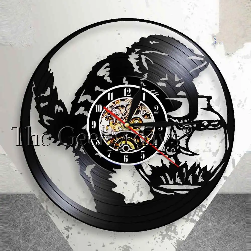 Black Cat Fishing Catcher Wall Clock Kitty Cat Fishing in Fishbowl Vinyl Record Wall Clock Aquarium Kitten Meow Decorative Clock