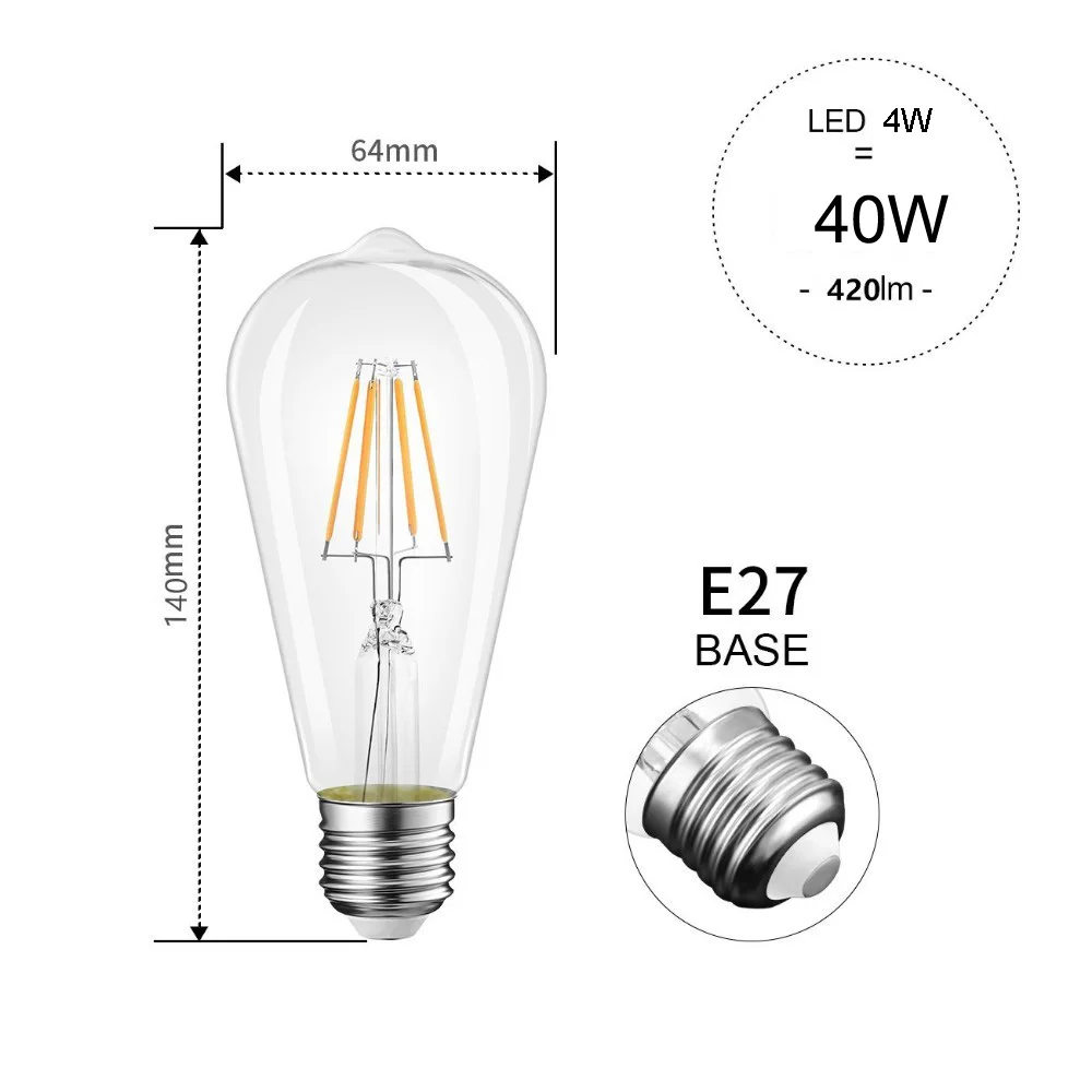 ST64 светодиодный светильник E27 4 Вт теплый/холодный белый ретро Эдисон Винт для лампочки накаливания лампы украшения для домашнего праздника освещение AC85V-265V