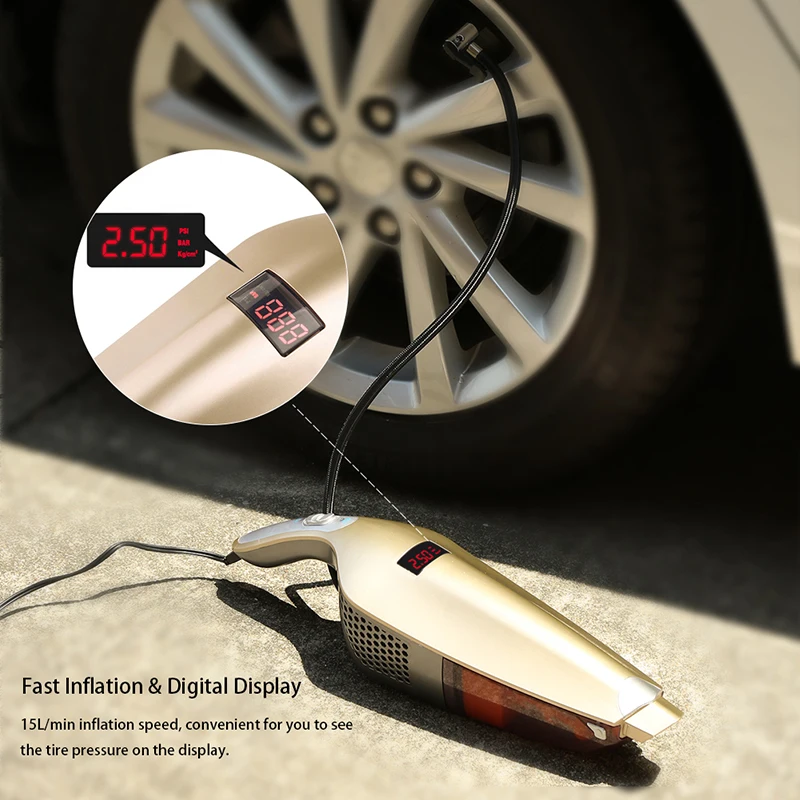 Auto 3 In 1 Car Vacuum Cleaner Fast Tire Inflator Vacuum Dry Wet Handheld Dust Buster LED Digital Display Tire Pressure Gauge