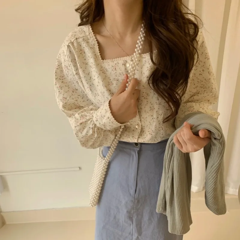 

Fashion 2019 Spring Summer Korean Women Blouses Sweet Square Collar Casual Print Shirt Button Long Sleeve Casual Tops