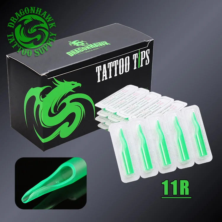 50 Pcs 11RT Disposable Tattoo Tips Green Color Plastic Sterile Nozzles Tube Tattoo SuppIies Set