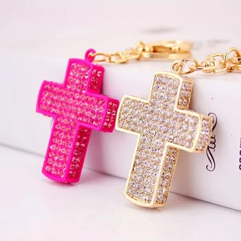 

free shipping 30pcs/lot Lovely rhinestone christening cross keychain baby showers baptism christening party favors and gifts