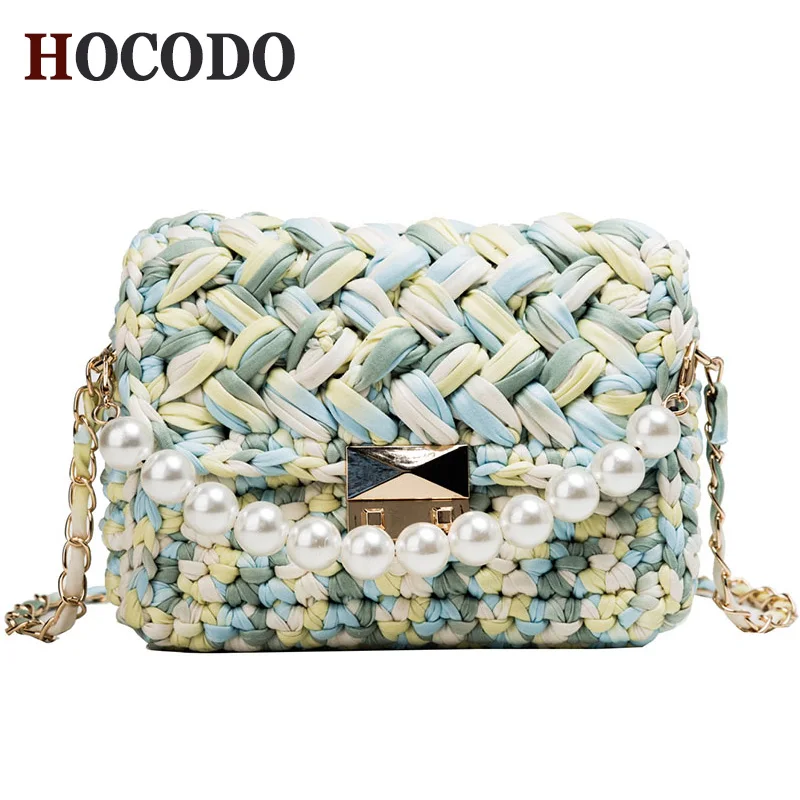 

HOCODO Fashion Pearl Handle Weave Handbag Women Flaps Messenger Bag Cotton Knitting Handmade Plait Shoulder Bags For Women 2019
