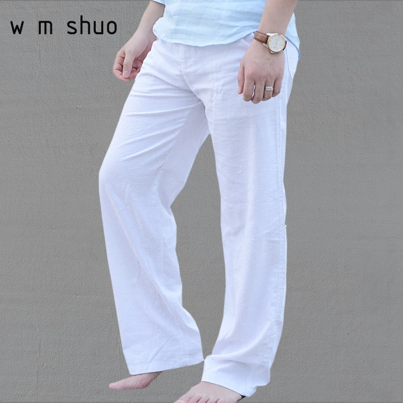 Kopen Mannen Zomer Casual Broek Natuurlijke Katoenen Linnen Broek Wit Linnen Elastische Taille Rechte Broek Y052