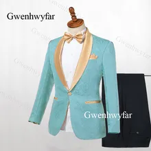 Gwenhwyfar мятный зеленый тонкий свадебный смокинг жениха для певицы Выпускной мужской костюм золотой лацкан 2 шт. куртка брюки Мужская сценическая одежда
