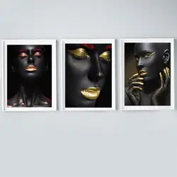 Современные Золотые губы черный Рисунок плакат Принт макияж стены сексуальная книги по искусству картина маслом на холсте Картина