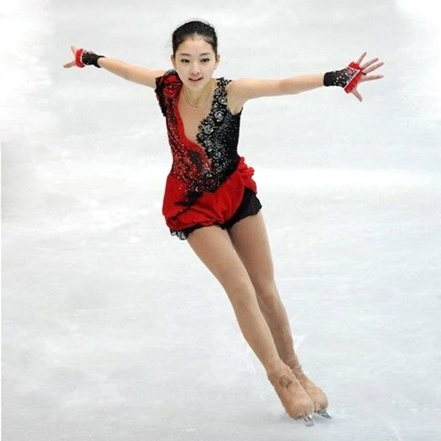 Cheap Customized Costume Ice Figure Skating Gymnastics Dress Competition Adult Child Girl Skirt Performance Black Red Stitching
