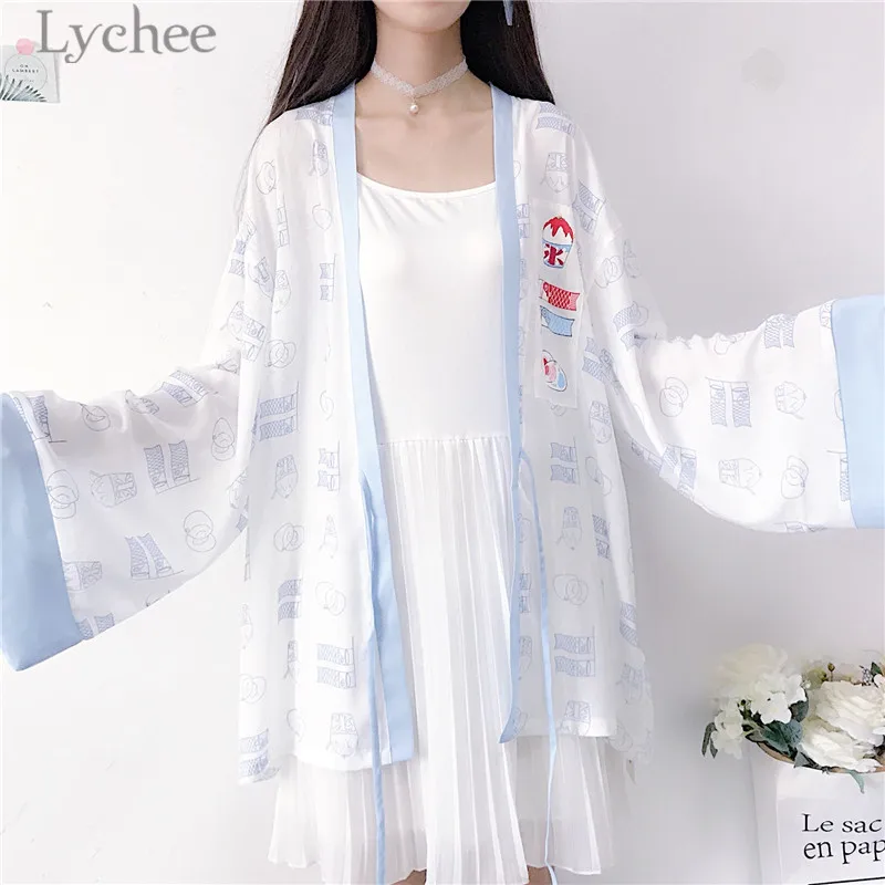 Lychee Harajuku Koinobori мороженое Принт женское кимоно кардиган блузка летняя на шнуровке