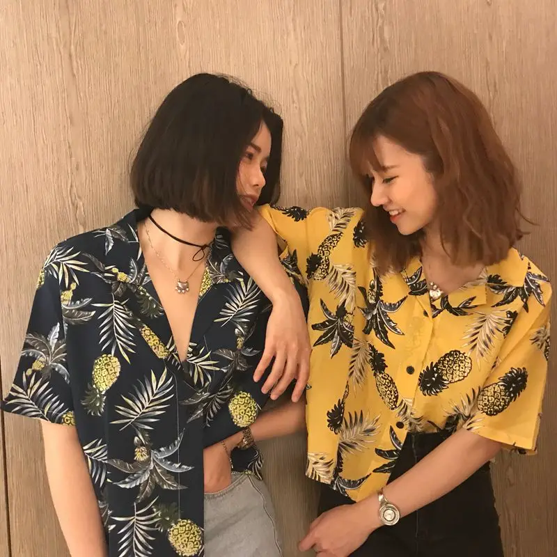 

Harajuku Summer Sexy Hawaiian Pineapple Printed Shirts Turn Down Collar Fruit Blouses Wild Short-sleeved Single-breasted Tops