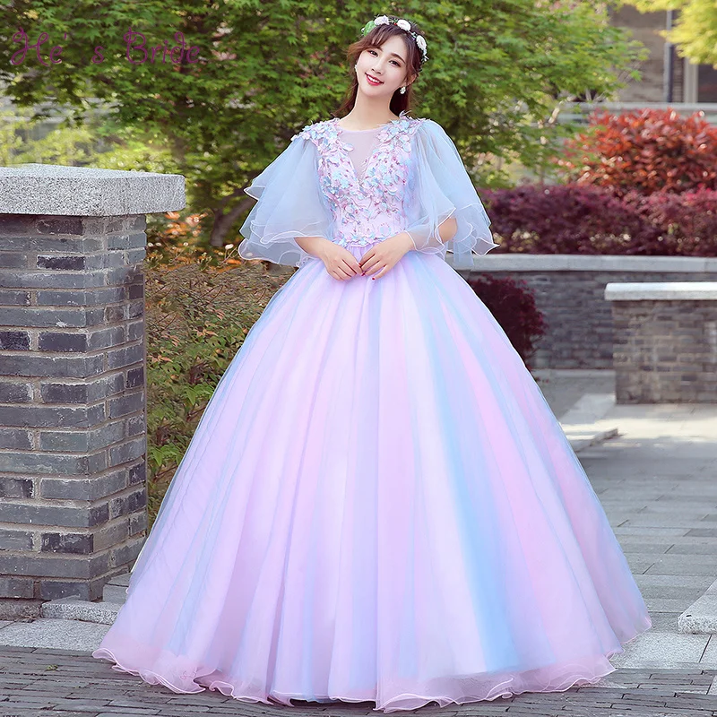 Женское бальное платье до пола He's Bride розовое кружевное из тюля с аппликацией и