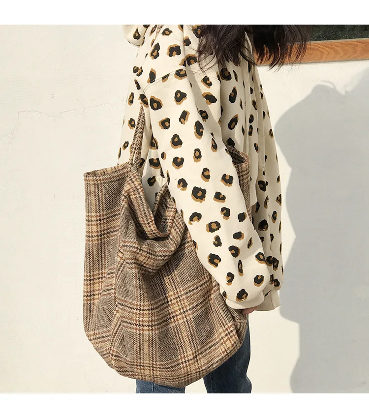 Women Woolen Canvas Bags Scottish Pattern Vintage Plaid Female Large Capacity Big Tote Handbag Ladies Casual Shoulder Bag