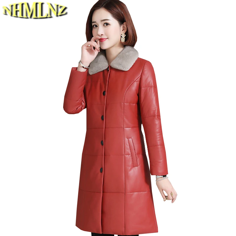 New Winter Plus size Genuine Leather Down jacket Women Fashion Long