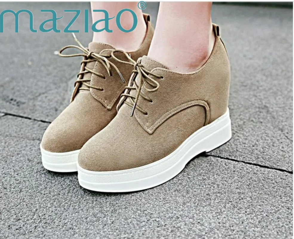 

MAZIAO Round Toe Lace up Shoes Hot Selling Increased Internal Ladies Casual Wedge Heels Autumn Cow Suede Women Shoes Size 33-43