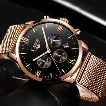 

LIGE Mens Watches Top Luxury Brand Business Gold Quartz Watch Men Casual Mesh Steel Waterproof Sport Watch Relogio Masculino+Box
