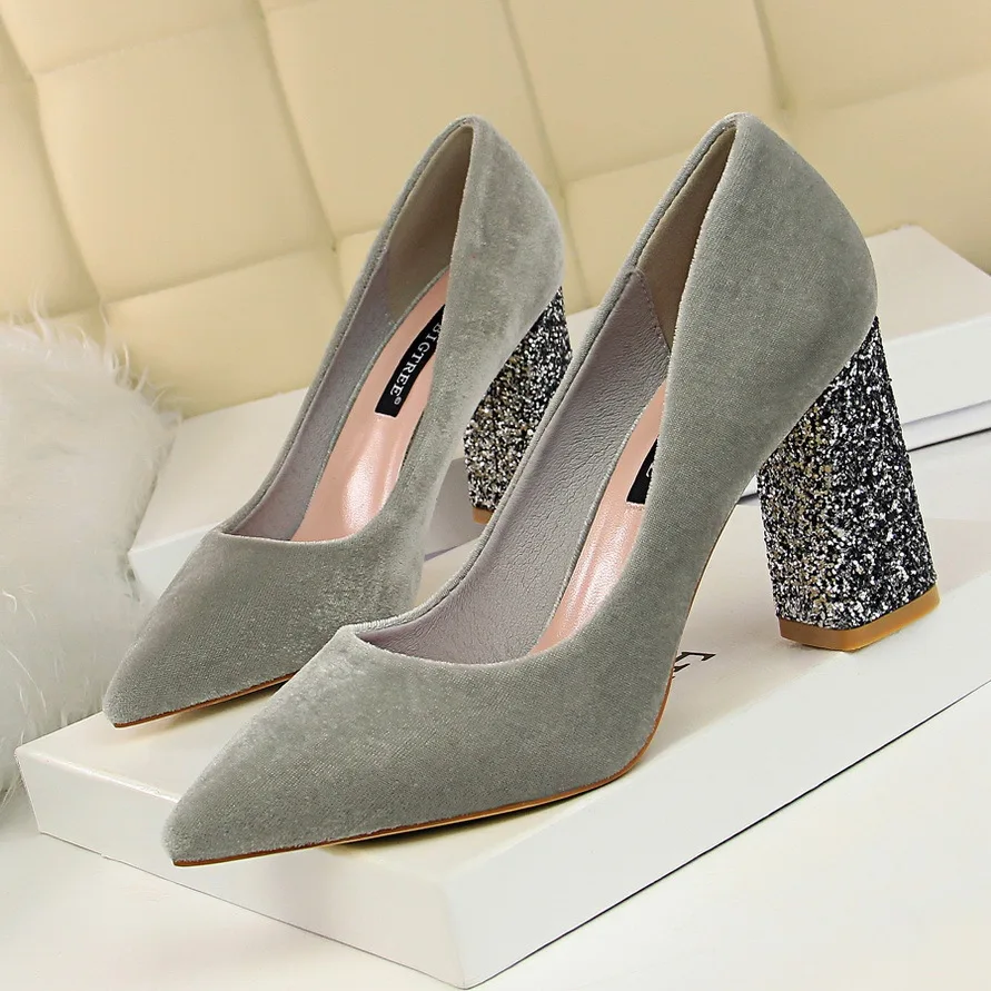 

BIGTREE 2019 NEW Sexy nightclub party high heels sequins thick with suede shallow mouth pointed office shoes wedding shoes