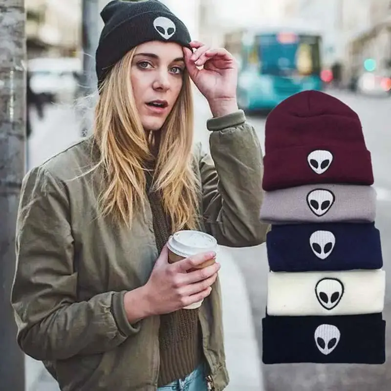 

ET Embroidery knitted Winter Hat female Women Warm beanie UFO Alien Bonnet female Skullies beanies Soft Hat Women's Winter Cap