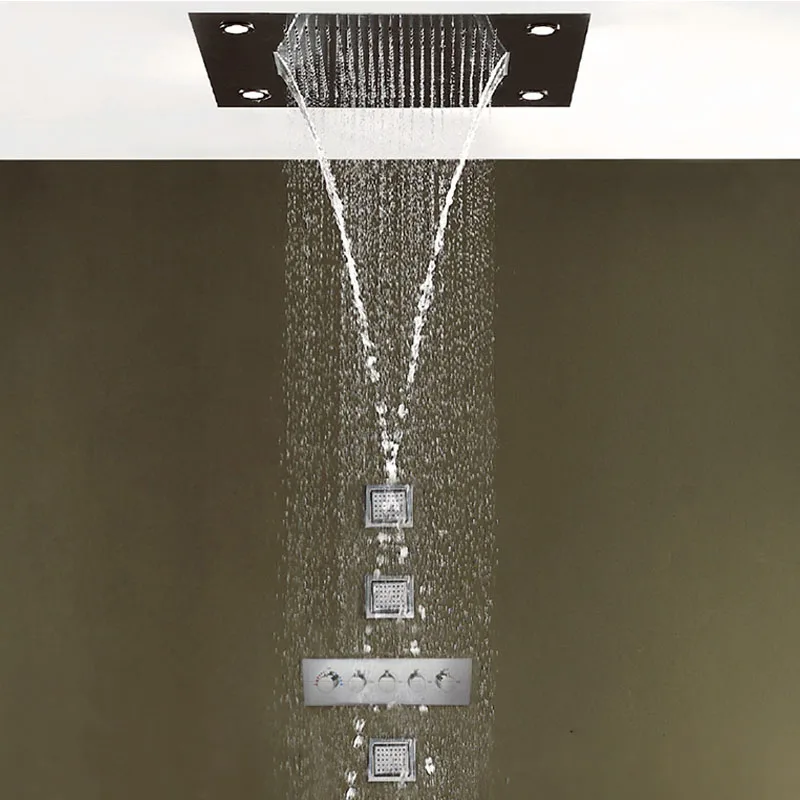 

Villa Shower Head Set Thermostatic LED Bathroom Faucet System Multifunctions Rainfall Waterfall SPA Body Jets And Hand Shower
