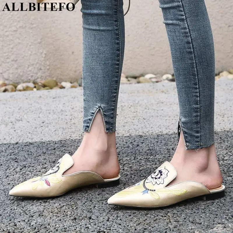 

ALLBITEFO fashion Embroidery silk pointed toe comfortable high-heeled women slippers high quality women heels beach flip flops