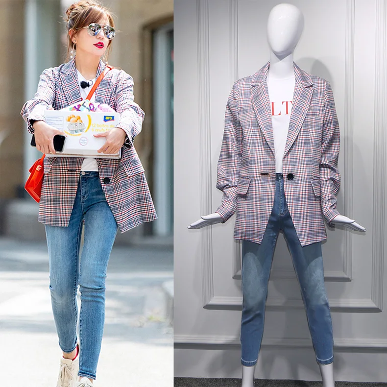 Spring 2019 Star Zhao Wei Chinese Restaurant 2 Same Chequered Loose Korean Port Style Retro Suit Jacket Plaid Suit Women Coat Spring 2019 Star Zhao Wei Chinese Restaurant 2 Same Chequered Loose Korean Port Style Retro Suit Jacket Plaid Suit Women Coat