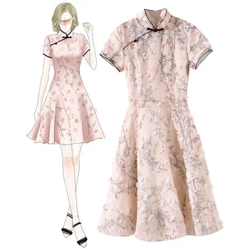 

Summer Women Mandarin Collar Cheongsam Vintage Female Evening A-line Dress Elegant Appliques Flower Qipao Vestidos Size S-XXL