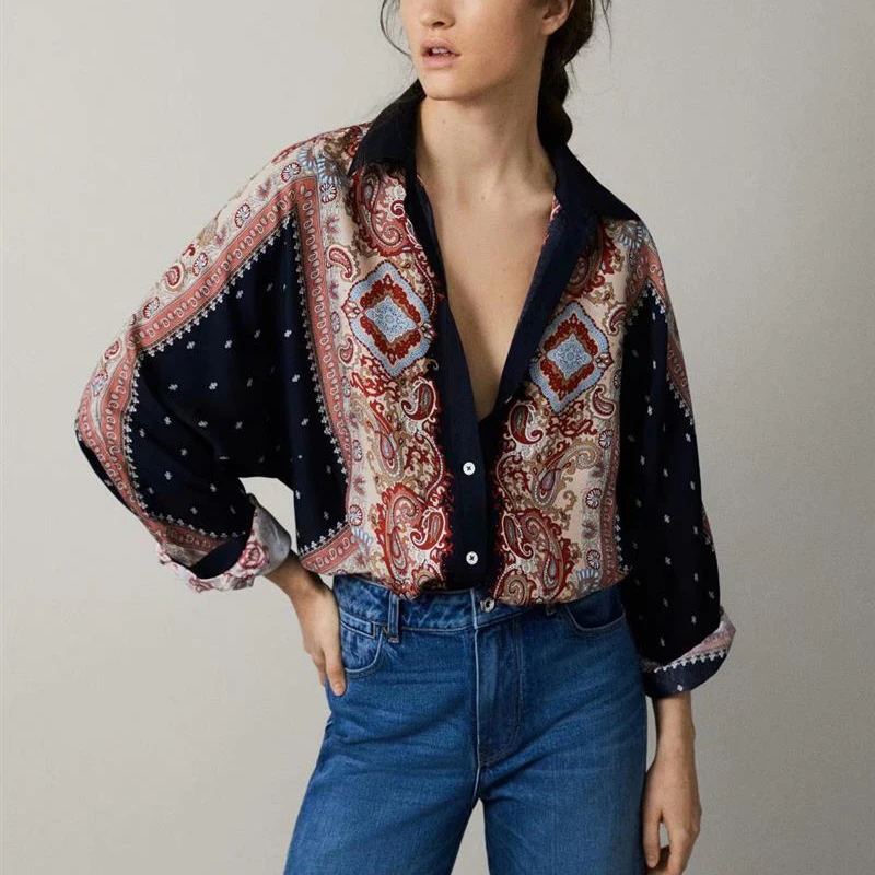 

Scarf Wind Print Long Sleeve Shirt Womens Tops and Blouses V-neck Women Blouse with Button Casual Cool Chic Summer Cardigan 2019