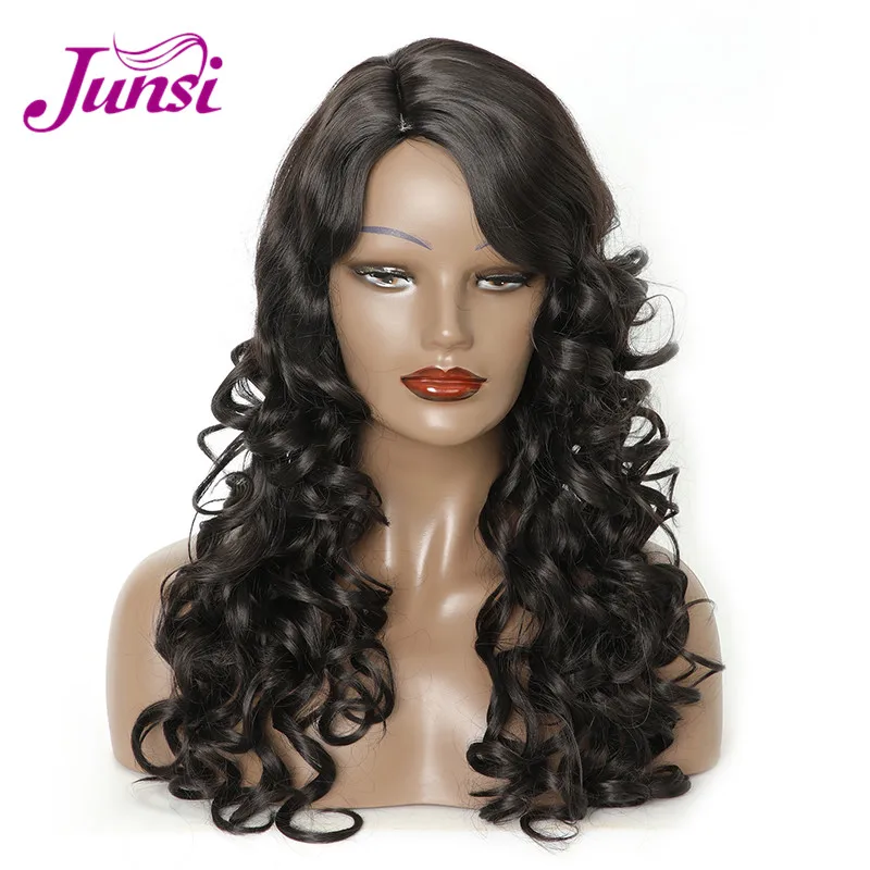 JUNSI длинные черные Искусственные парики для женщин Bouncy Curly Naturaly черный цвет женский термостойкий парик