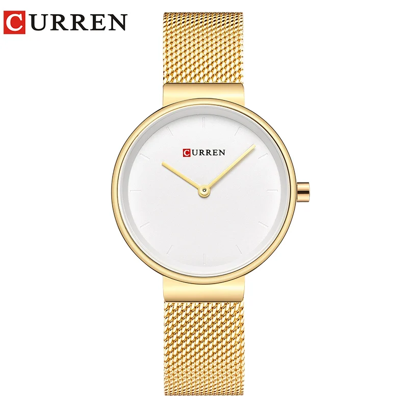 Женские часы с сетчатым браслетом из нержавеющей стали CURREN Простые Модные кварцевые наручные часы женские часы Montre femme - Color: gold white