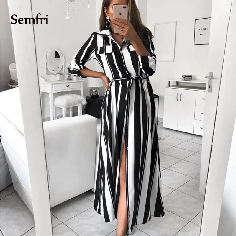 

Semfri Striped Dress Shirt with Belt Women Autumn Long Sleeve midi Dress Beach Chiffon Beach Fashion Clothes 2019 Streetwear