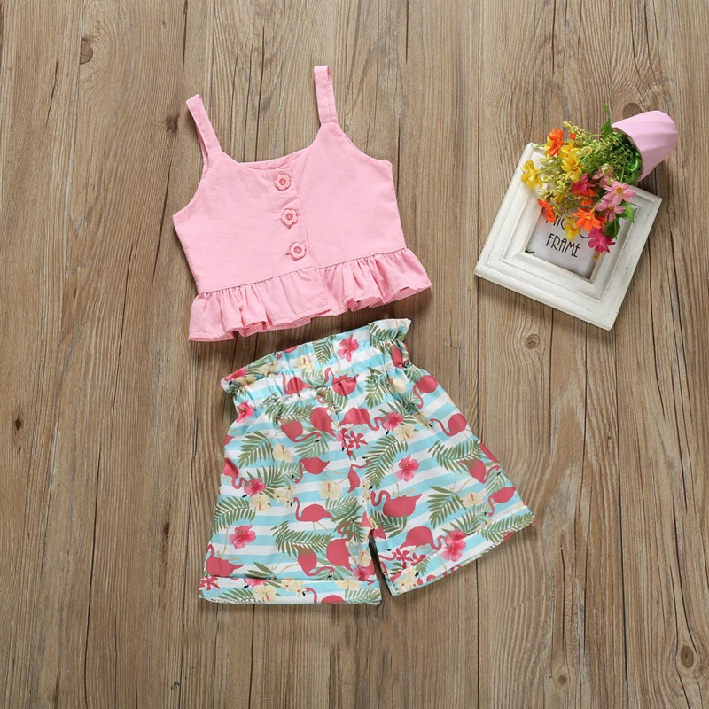2pcs/set Baby Girls Clothes Pink Anchor Tops+ Flamingo Shorts Outfits Set Summer Girl | Детская одежда и обувь