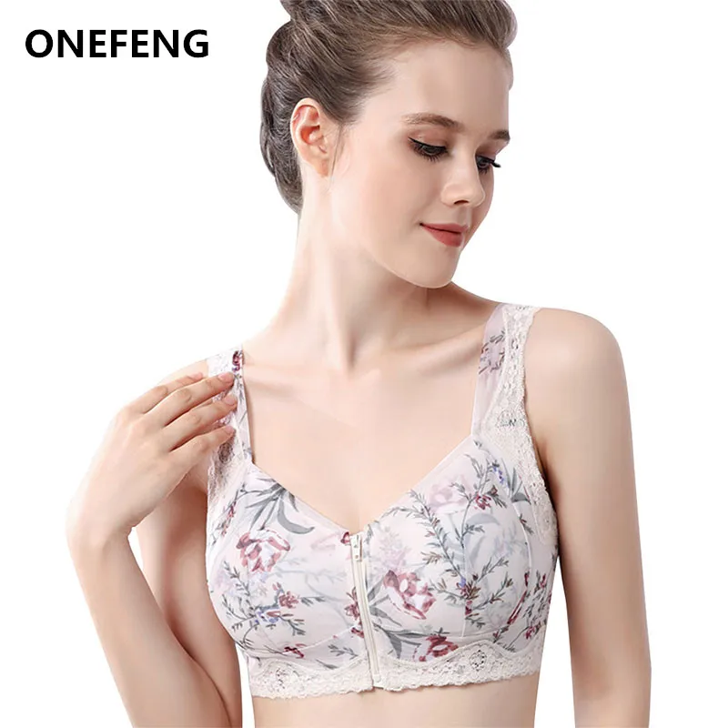 

ONEFENG 1829 No Steel Ring Sports Sleep Underwear Lace Beauty Back Front Buckle Zipper Bra Full Cup Gather Bra