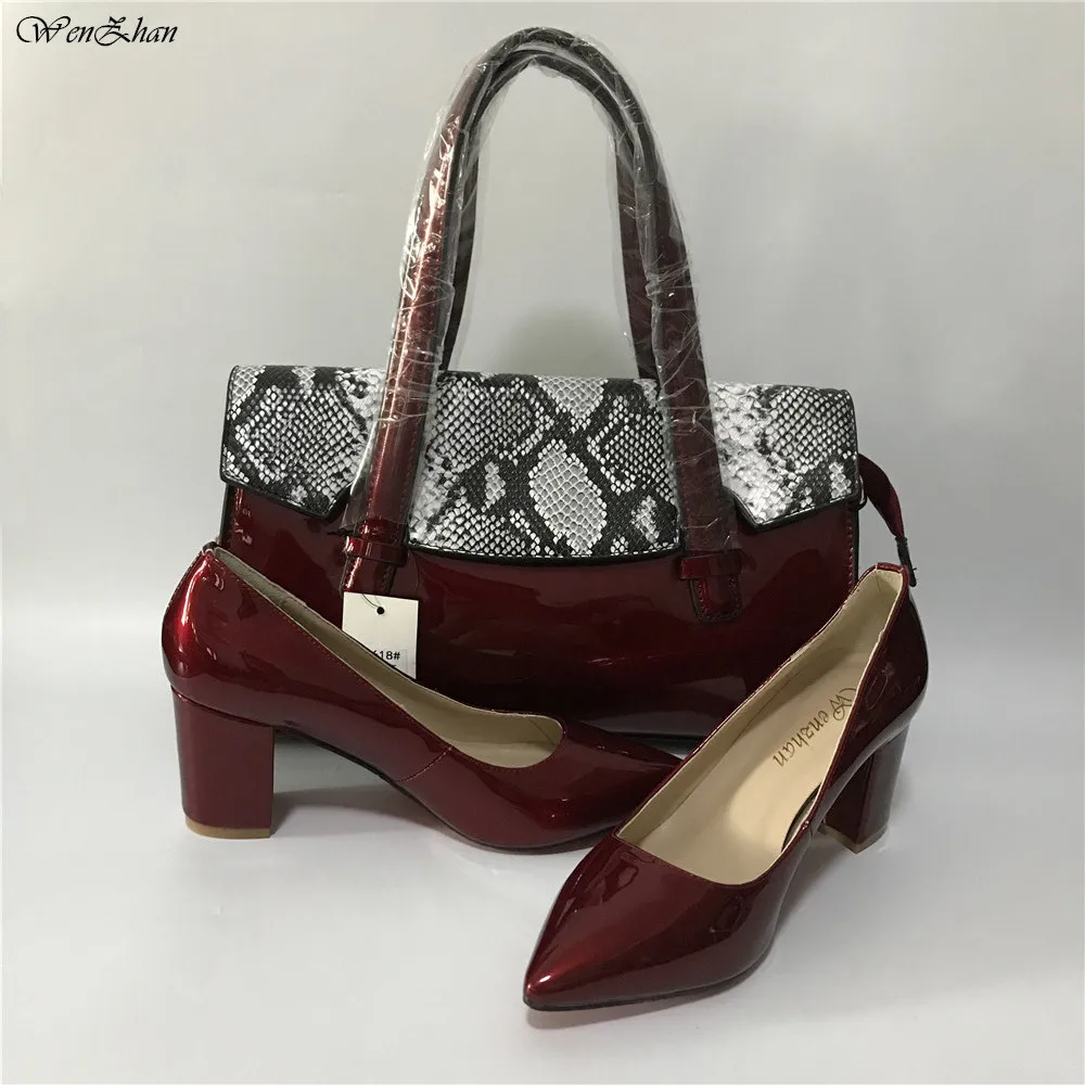 

Dark Red Thick High Heel Ladies Shoes With Matching Women HandBag Sets Hottest Customized different heels WENZHAN 36-43 A96-20